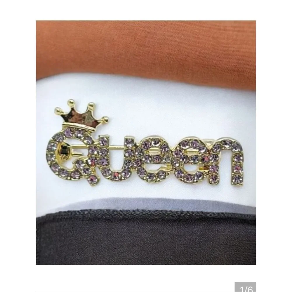 Queen Crown Rhinestone Brooch Gold CZ Statement Pin Birthday Glam Bridal Sparkle